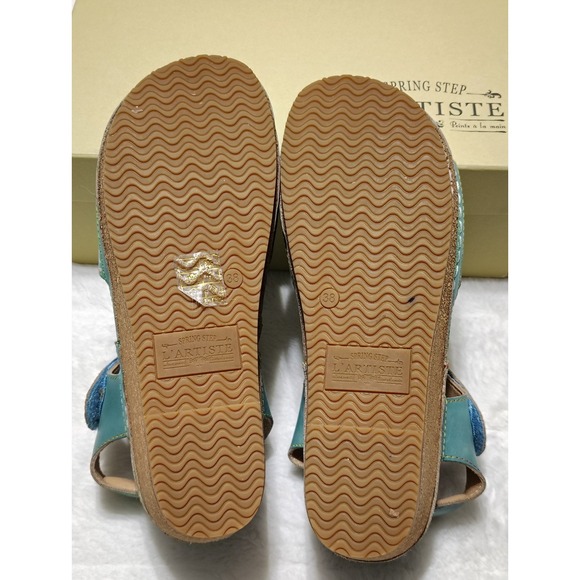 NEW L'Artiste by Spring Step Leather Wedge Sandals Cuteness Teal Multi Sz 38 - Picture 8 of 10